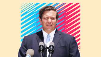 Governor DeSantis speaking to a crowd on clear day | (Illustration: Lex Villena) 