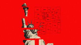 a fractured statue of liberty overlaid on a red background with a sketch of New Mexico | Illustration: Lex Villena; Elianuzzolo