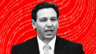 Ron DeSantis on a red background | James A. Jones Jr./TNS/Newscom, Illustration: Lex Villena
