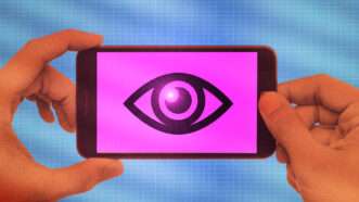 A cell phone held sideways with a stylized eye on the screen. | Illustration: Lex Villena; Rangizzz