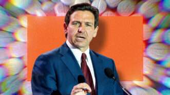 Florida Gov. Ron DeSantis against a background of fentanyl tablets. | Illustration: Lex Villena; Michael Brochstein Sipa USA Newscom