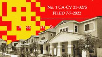 A row of Arizona condos against a backdrop of the case Jie Cao v. PFP Dorsey | Illustration: Lex Villena; Arizona Condo