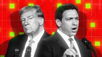 Republican presidential candidates Donald Trump and Ron DeSantis against a red background with map detail and neon yellow check boxes | Illustration: Lex Villena; Kyle Mazza, Gage Skidmore