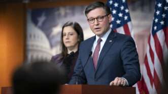 House Speaker Mike Johnson speaks to the press | BONNIE CASH/UPI/Newscom