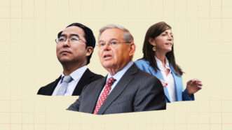 Andy Kim, Bob Menendez, and Tammy Murphy. | Illustration: Lex Villena; Senator Bob Menendez, Edwin J. Torres/NJ Governor's Office, Tom Williams/CQ Roll Call/Newscom