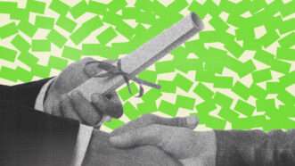 A person hands over a diploma against a backdrop of green cards | Illustration: Lex Villena; Tomas Del Amo