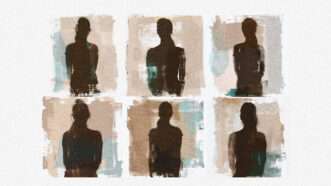 A set of six graphics against a white background that each look like paintings with a shadowy female figure in the middle of each one | Illustration: Lex Villena; Midjourney