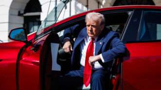 Donald Trump getting out of a Tesla in front of the White House | Samuel Corum - Pool via CNP/CNP / Polaris/Newscom