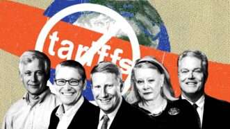 From left to right: David Henderson, Gregory Mankiw , Ben Powell, Deirdre McCloskey, Michael Munger against a tan background with a picture of the earth that has an orange banner across it that reads "tariffs" in white with a white 'anti' sign across it | illustration: Eddie Marshall | Hoover Institution | Harvard University | Independent Institute | Cato Institute | Duke University