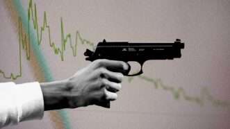 Someone holds a gun in front of a graph showing a decline | Illustration: Eddie Marshall | Anastassia Anufrieva | Markus Spiske | Unsplash