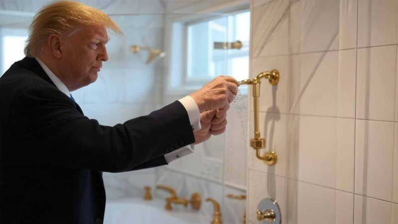 An AI image of Donald Trump fiddling with a showerhead | Grok