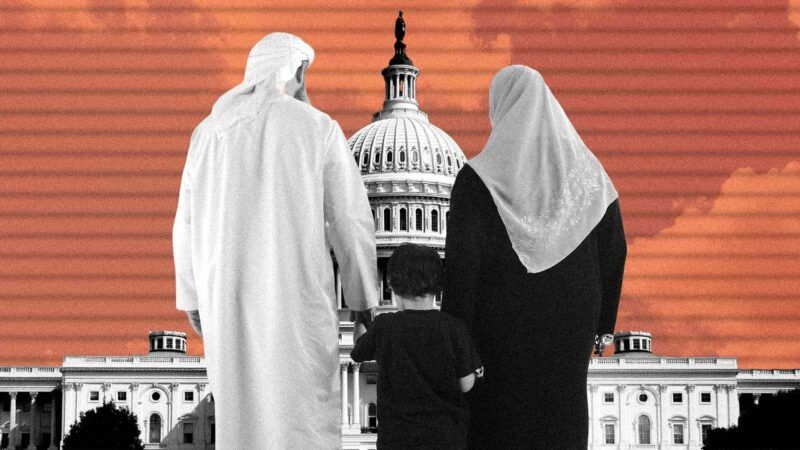 A black and white photo of the U.S. Capitol building sits against an orange tinted sky. A man and a woman with a child in between them representing America's Afghan allies stand in the foreground, facing the Capitol | lllustration: Eddie Marshall | Zurijeta | William Perry | Dreamstime.com