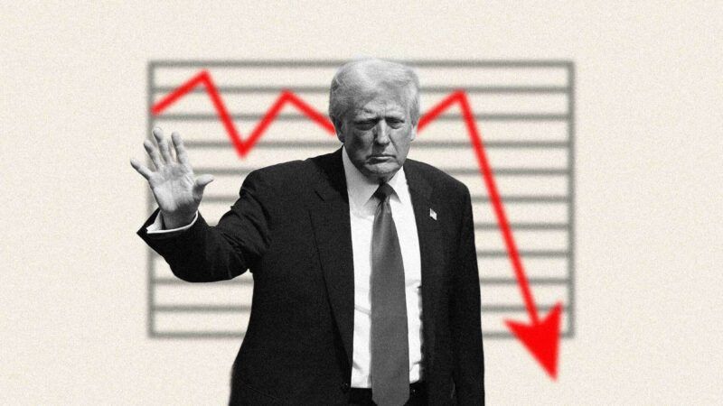 Trump waving, with a chart showing a red down arrow behind him | llustration: Eddie Marshall | Chris Kleponis | CNP | picture alliance |Consolidated News Photos | Newscom